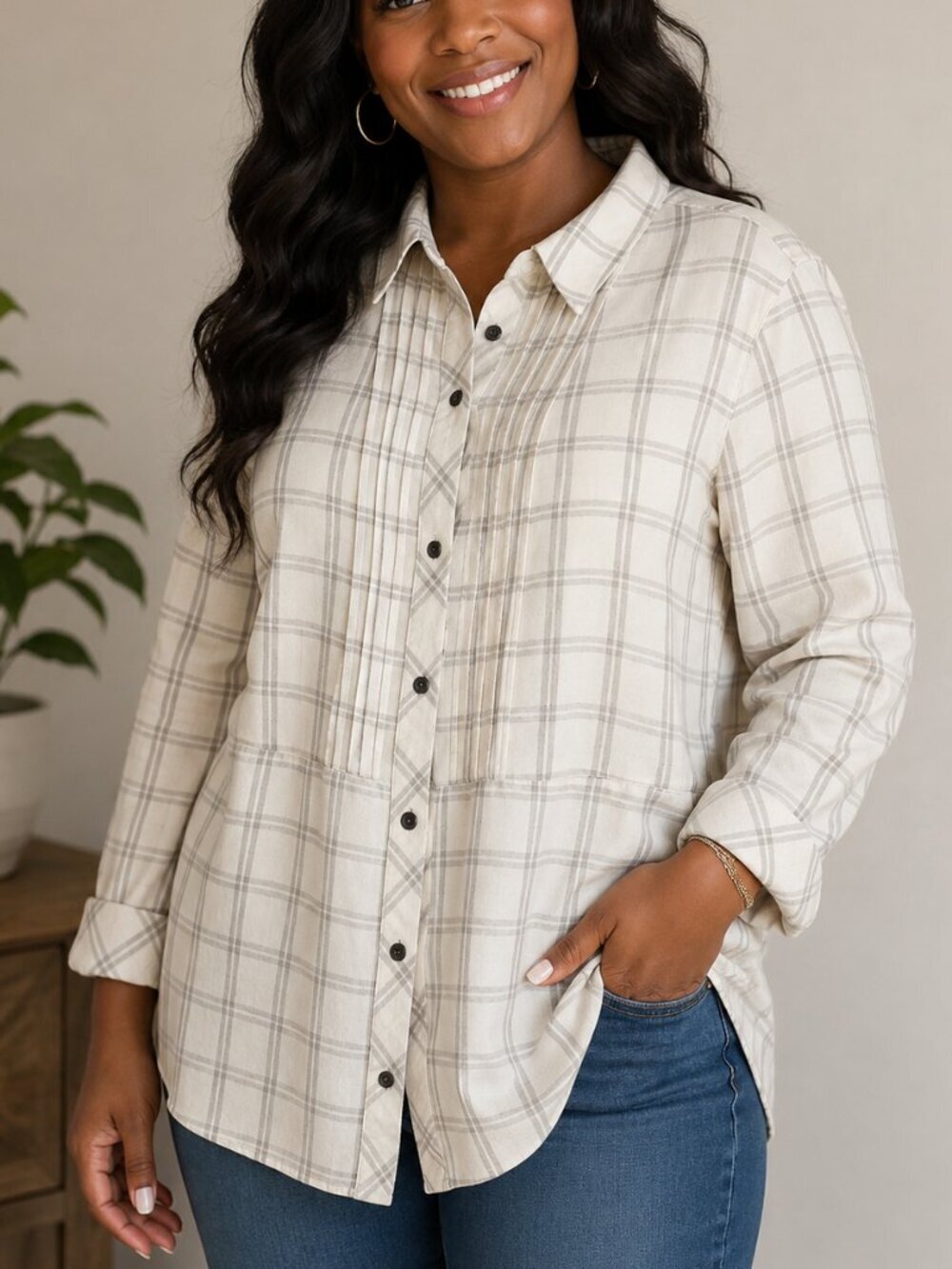 J. Jill Cream Gray Plaid Pin-tuck Long Sleeve Button-Down Blouse